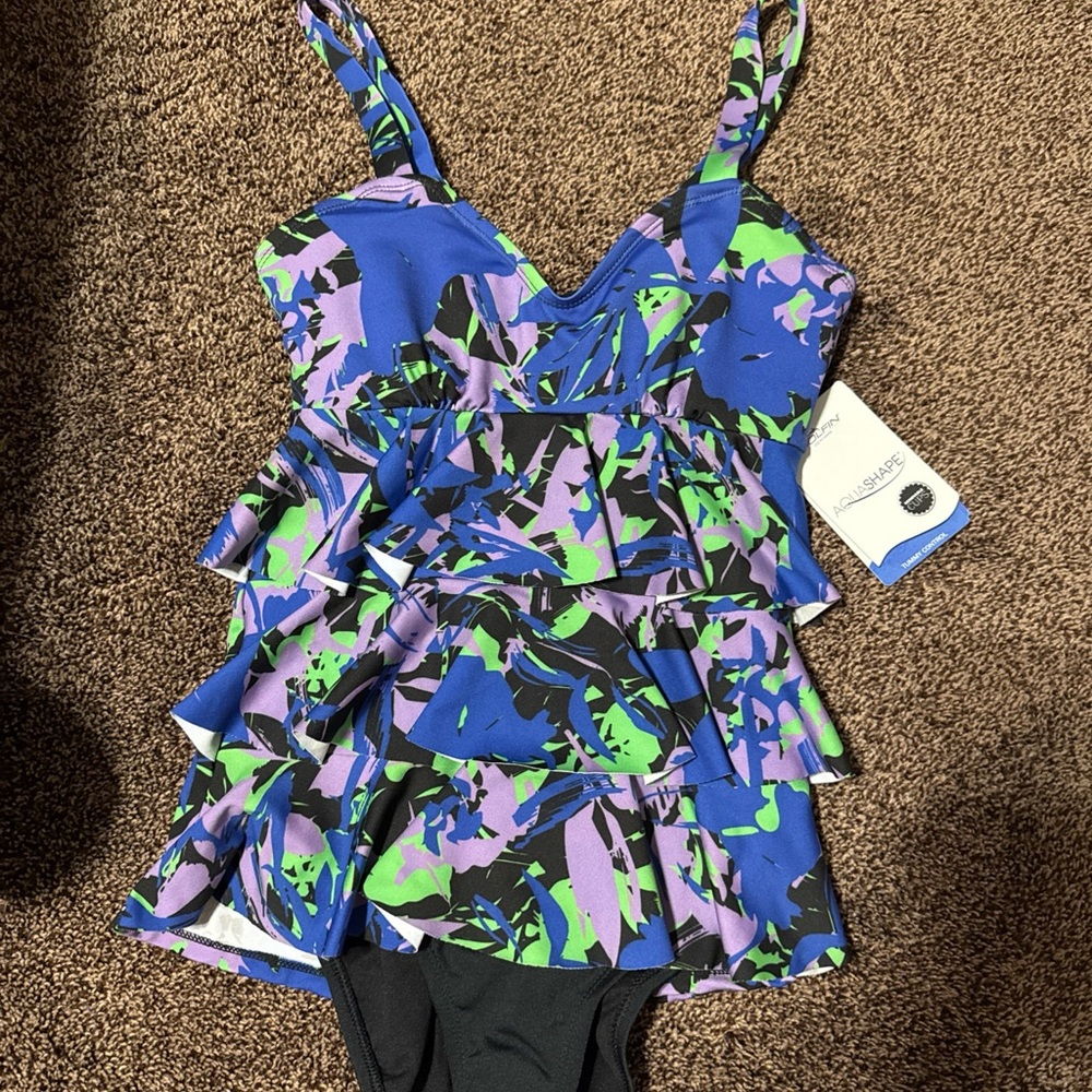 NWT Dolfin Aquashape Removeable Cups Tummy Control Blue Eden Size 6 Swimsuit